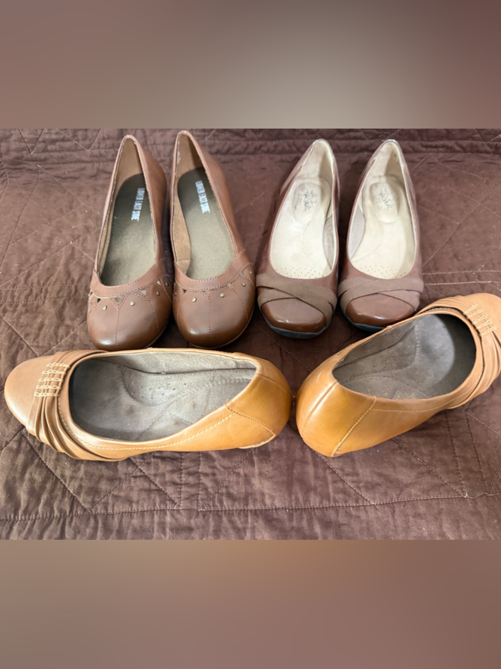 3 Pair Women’s Brown Leather Ballet Flats - Versatile Everyday Style Sz 8/8.5